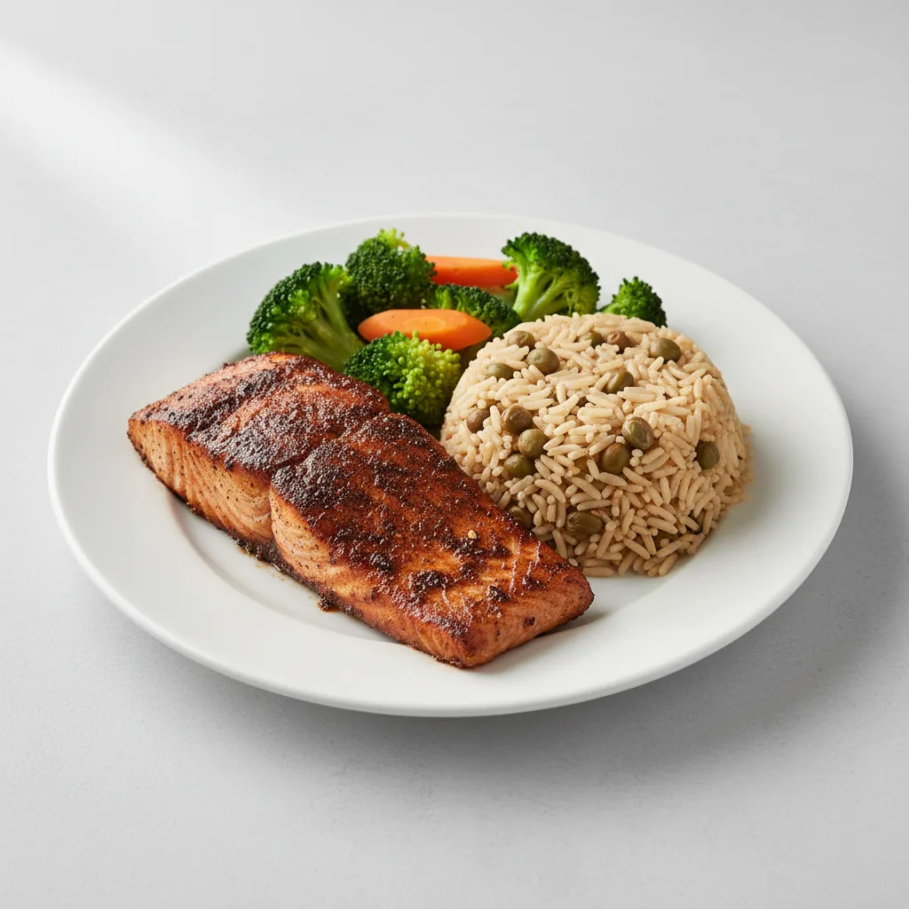 Jerk Salmon with Rice and Peas