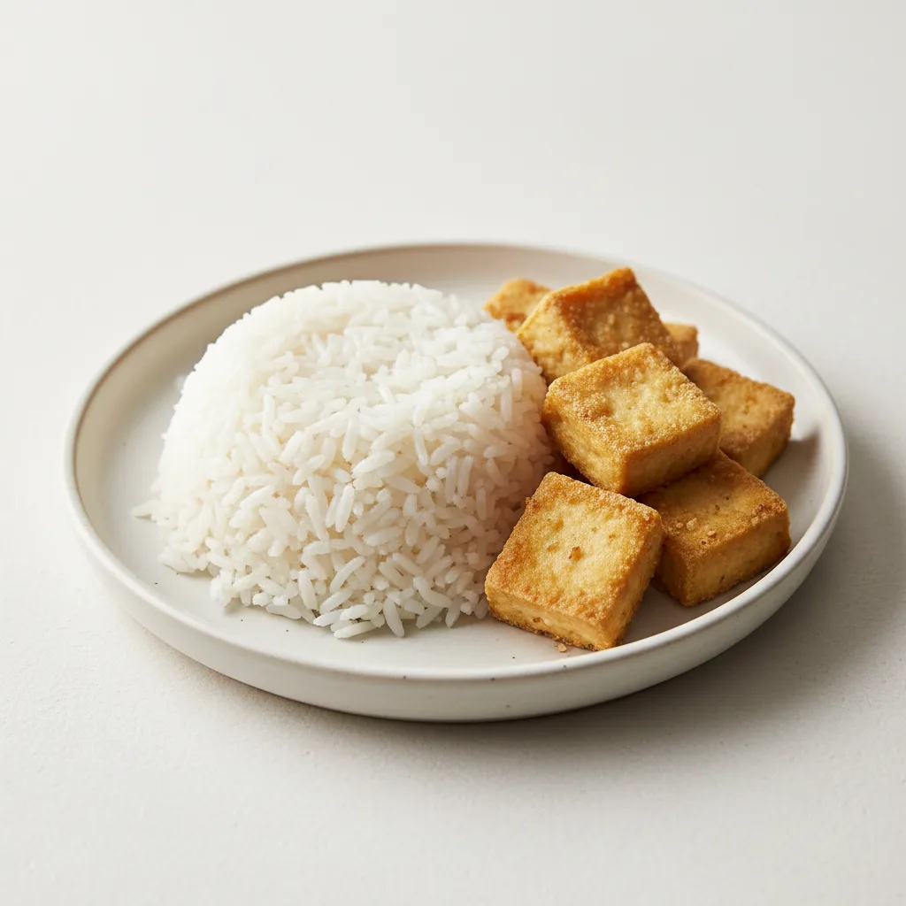 Vegan and Gluten-Free Steam Rice with Fried Tofu