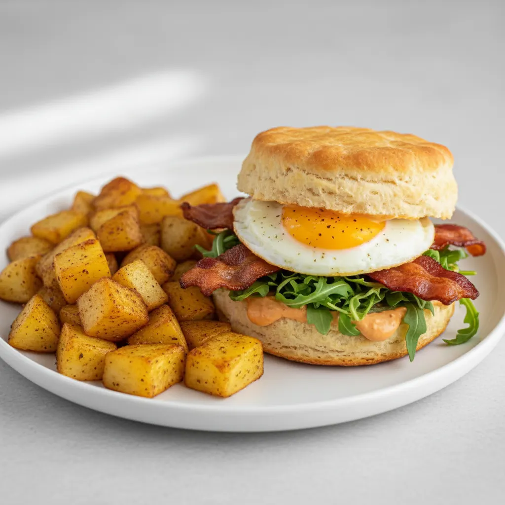 Turkey Bacon and Egg Biscuit Sandwich and Potatoes