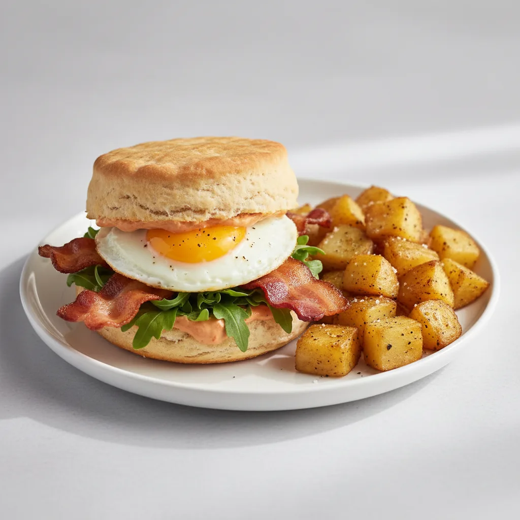Bacon and Egg Biscuit Sandwich and Potatoes