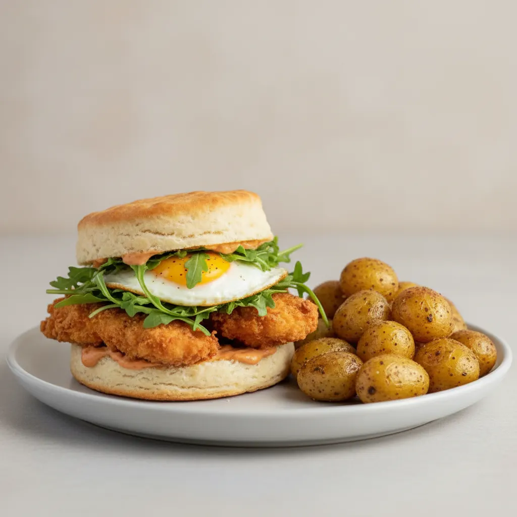 Fried Chicken and Egg Biscuit Sandwich and Potatoes