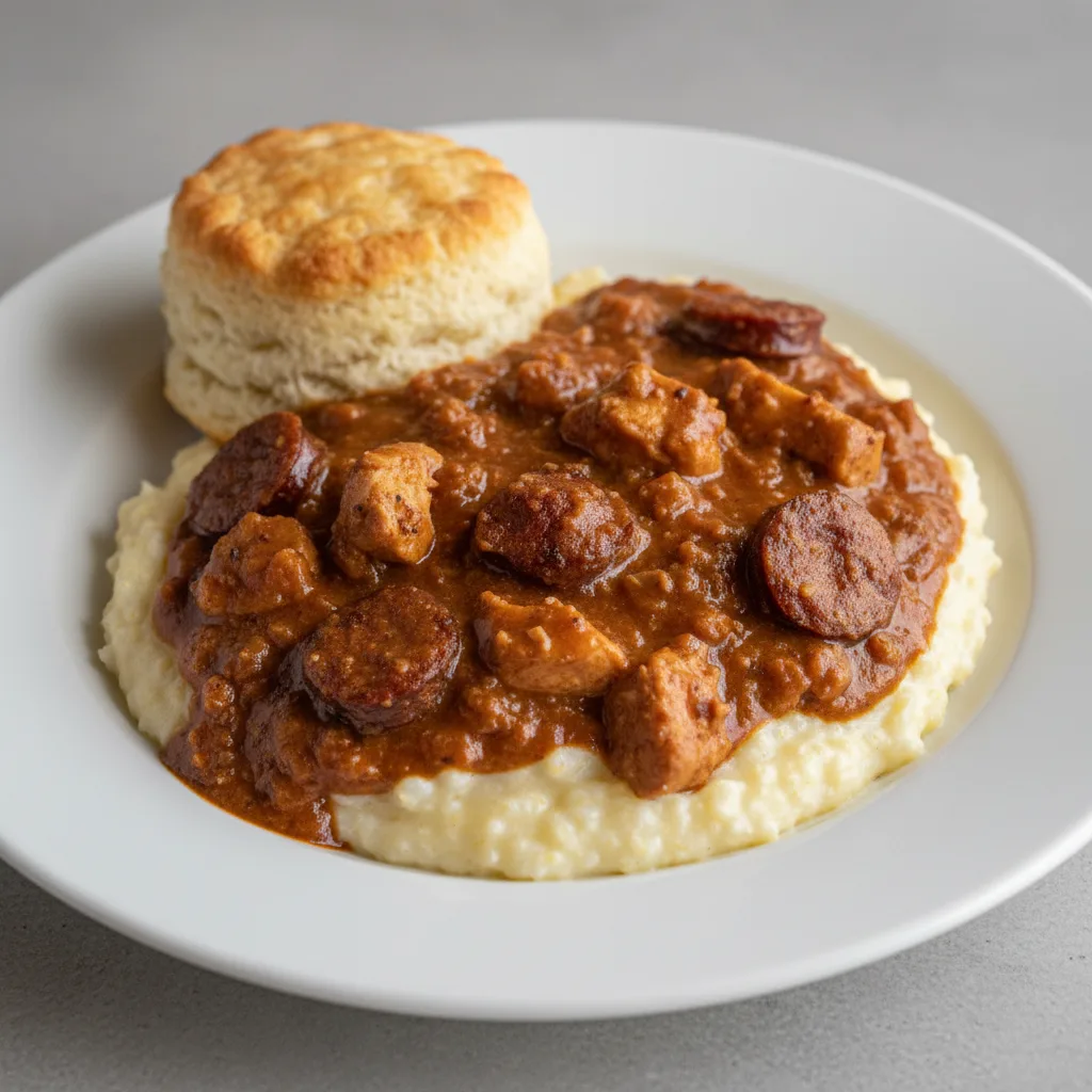 Chicken Andouille Sausage Gravy with Creamy Grits and Biscuit