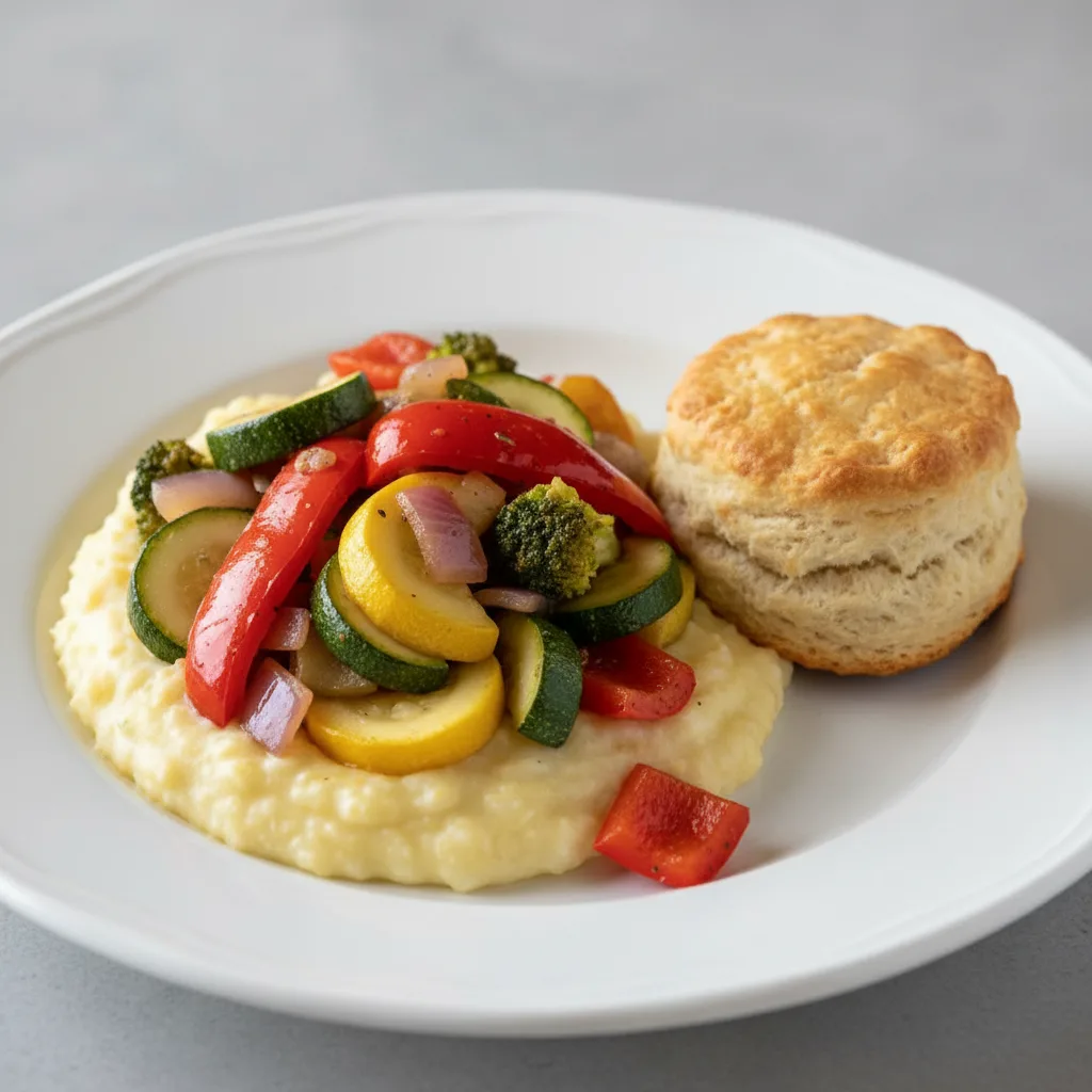 Sauteed Vegetable with Creamy Grits and Biscuit