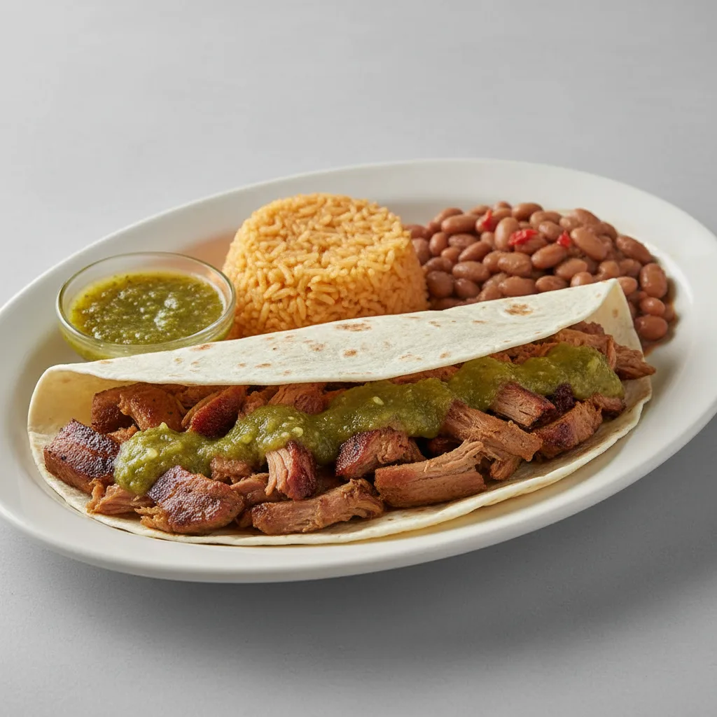 Plate Lunch — Carnitas With Green Salsa in Flour Tortilla