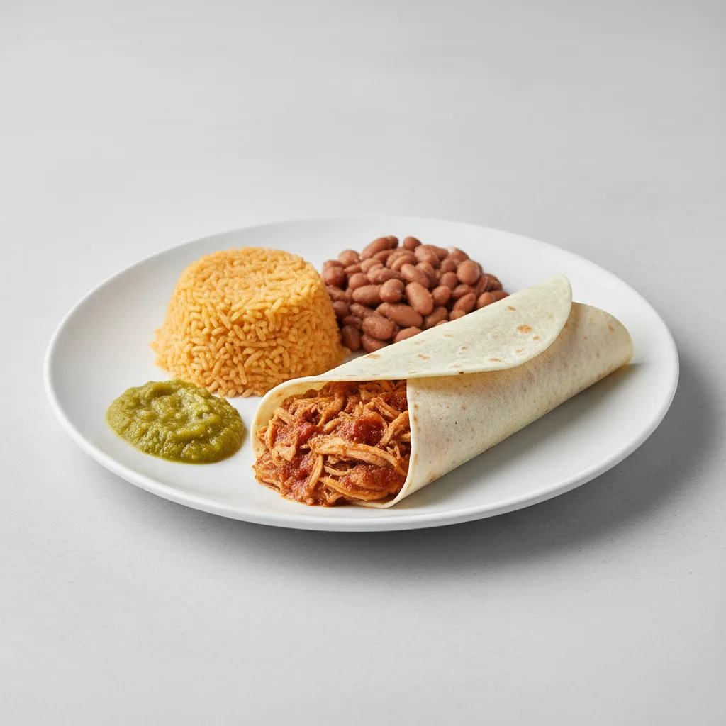 Plate Lunch — Chicken Tinga With Green Salsa in Flour Tortilla