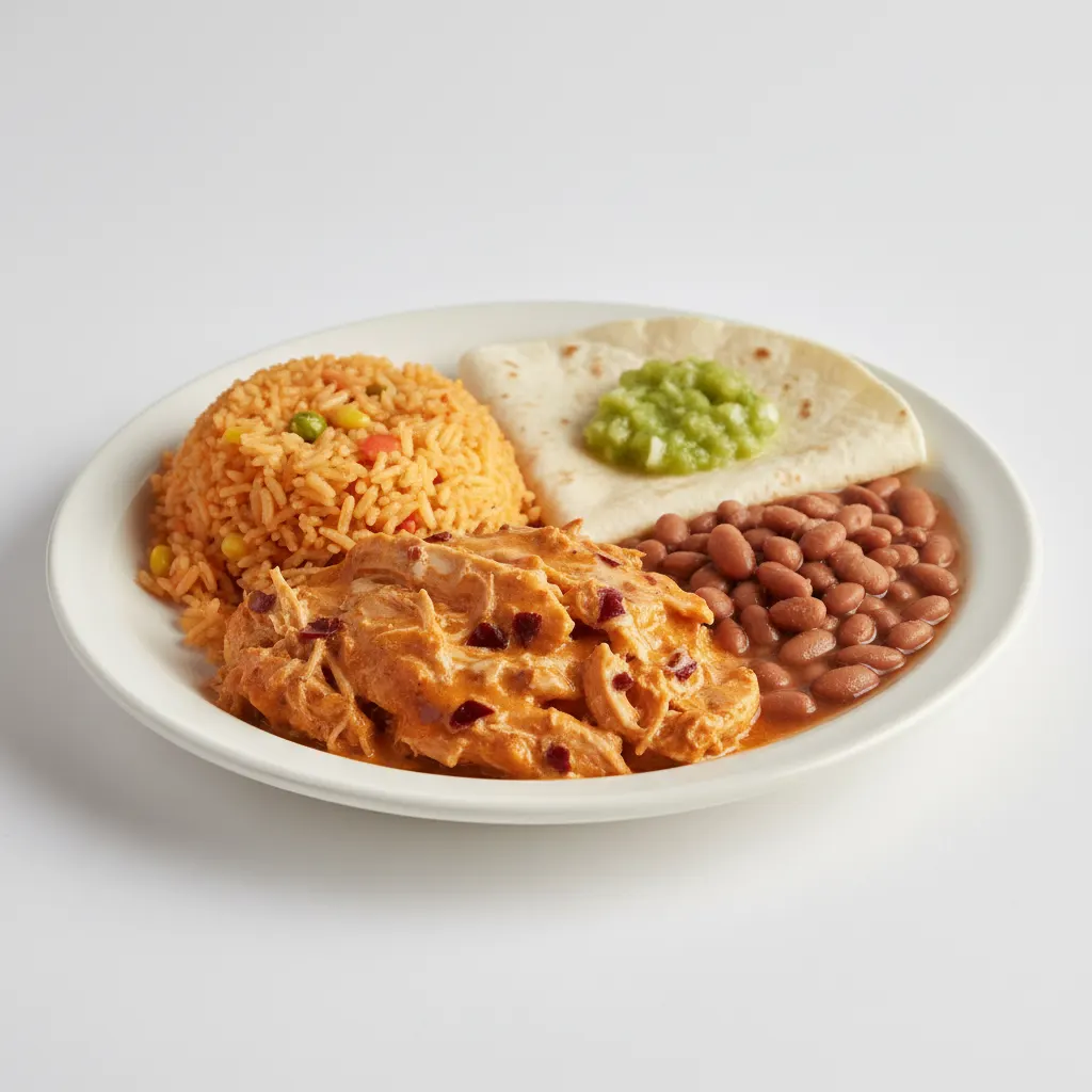 Plate Lunch — Chicken in Chipotle Cream Salsa With Green Salsa in Flour Tortilla