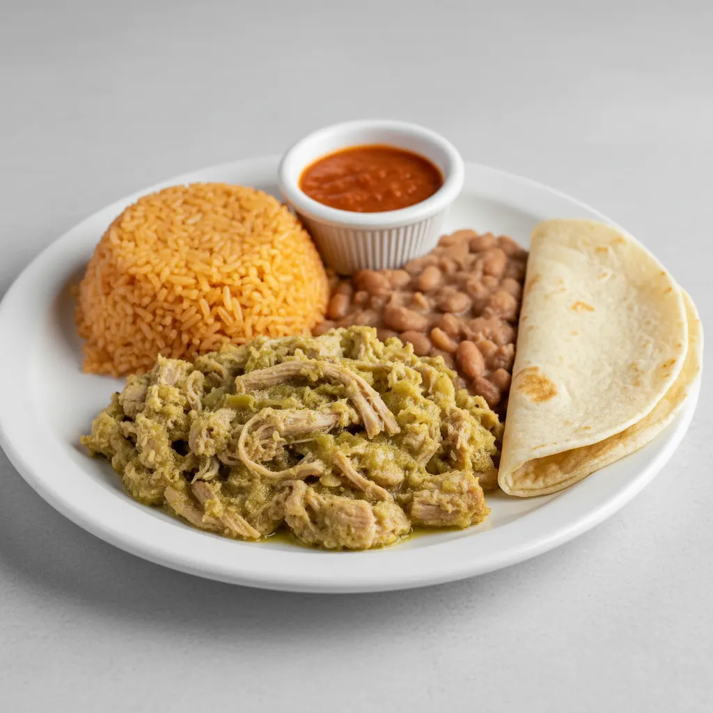 Plate Lunch — Pork in Green Salsa With House Habanero in Flour Tortilla