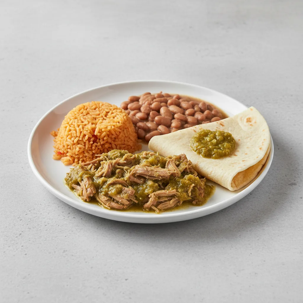 Plate Lunch — Pork in Green Salsa With Green Salsa in Flour Tortilla