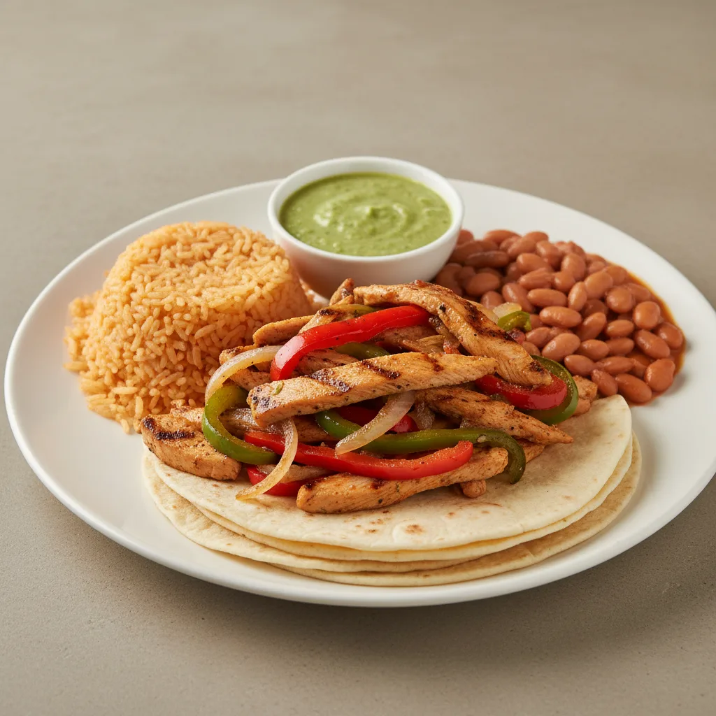 Plate Lunch — Fajitas Chicken With Green Salsa in Flour Tortilla