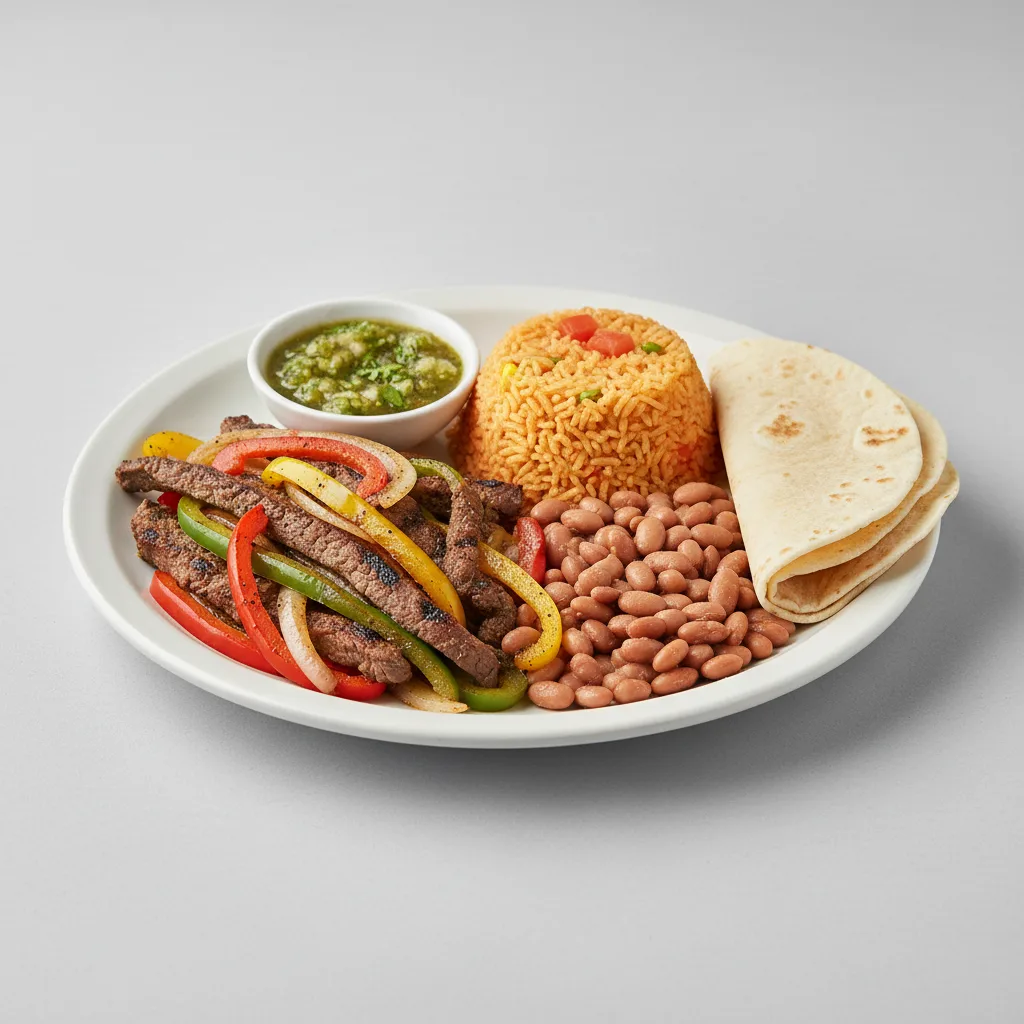 Plate Lunch — Fajitas Beef With Green Salsa in Flour Tortilla