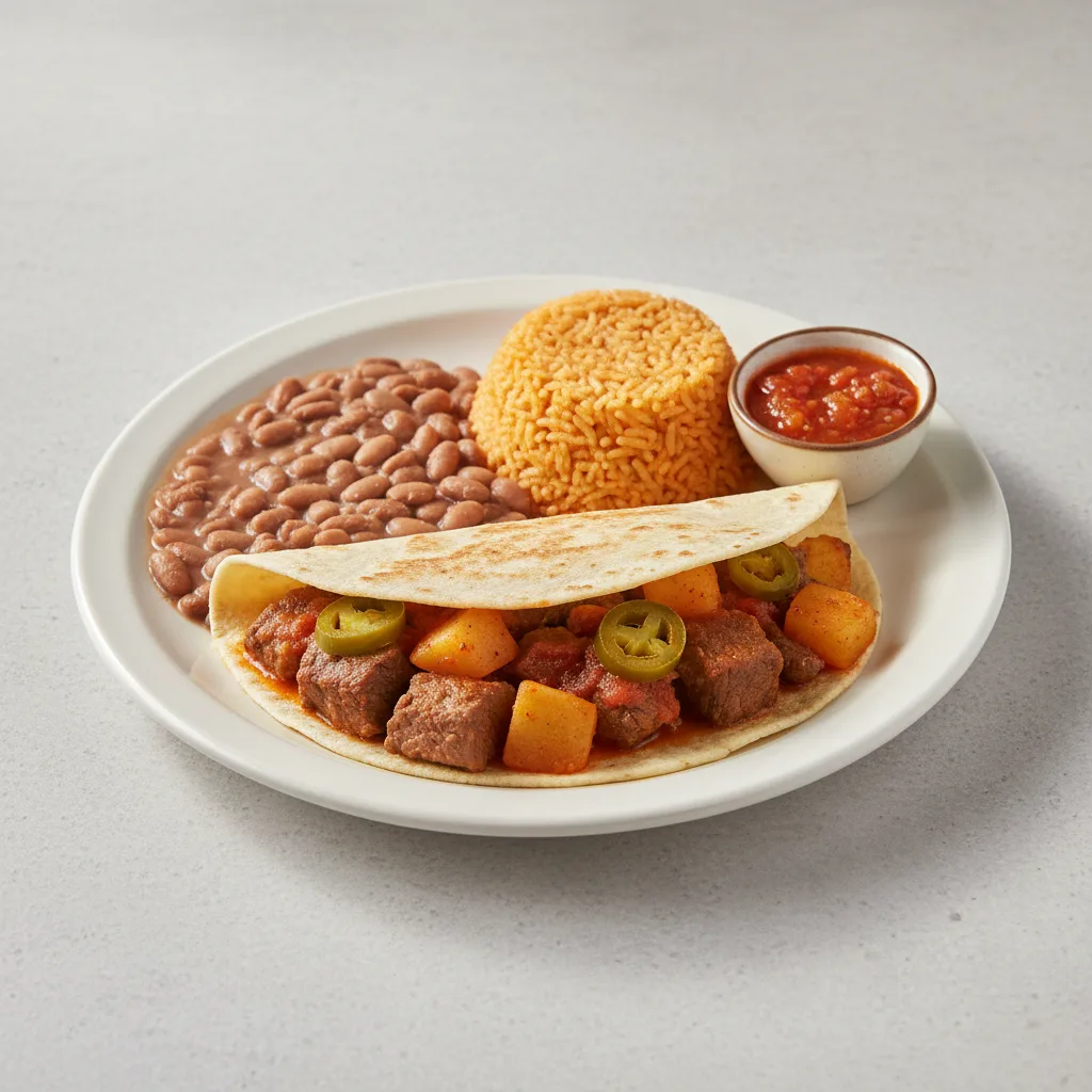 Plate Lunch — Bistec Ranchero With House Habanero in Flour Tortilla