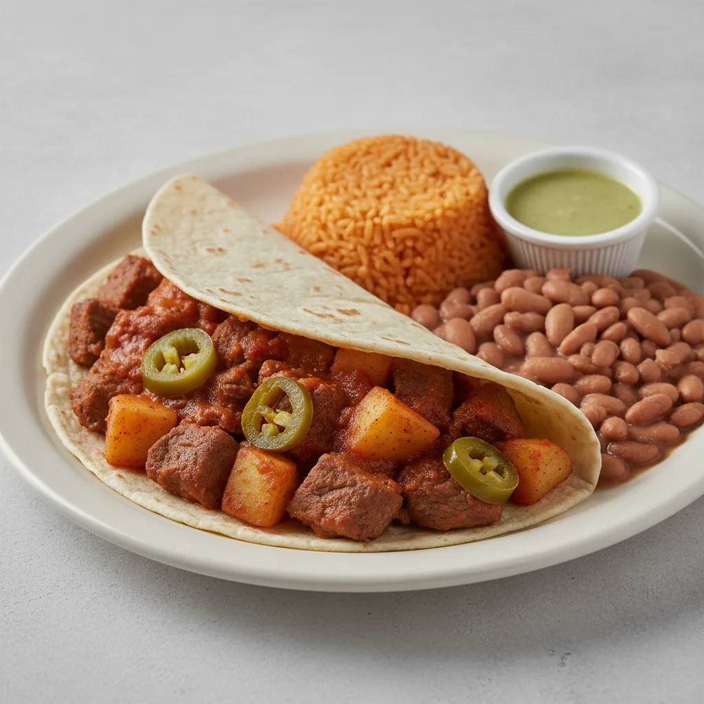 Plate Lunch — Bistec Ranchero With Green Salsa in Flour Tortilla