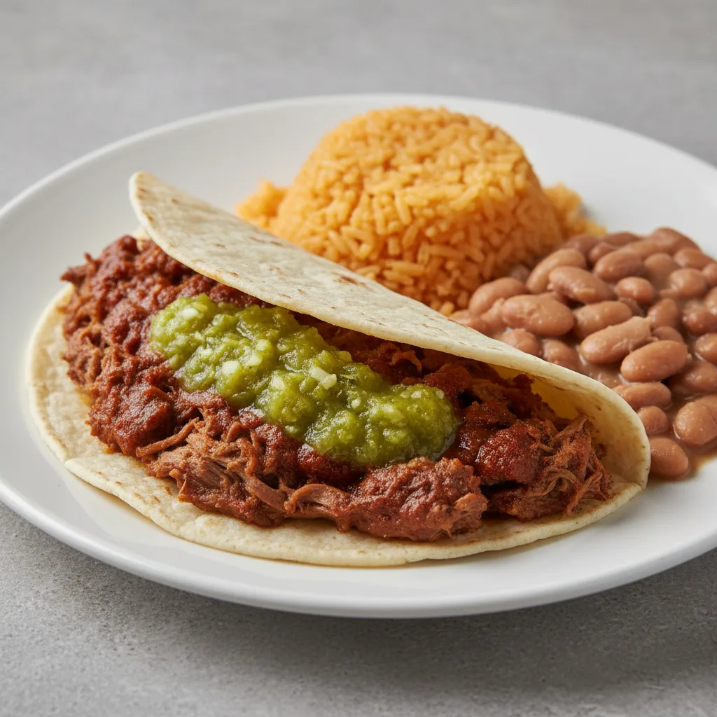 Plate Lunch — Birria With Green Salsa in Flour Tortilla