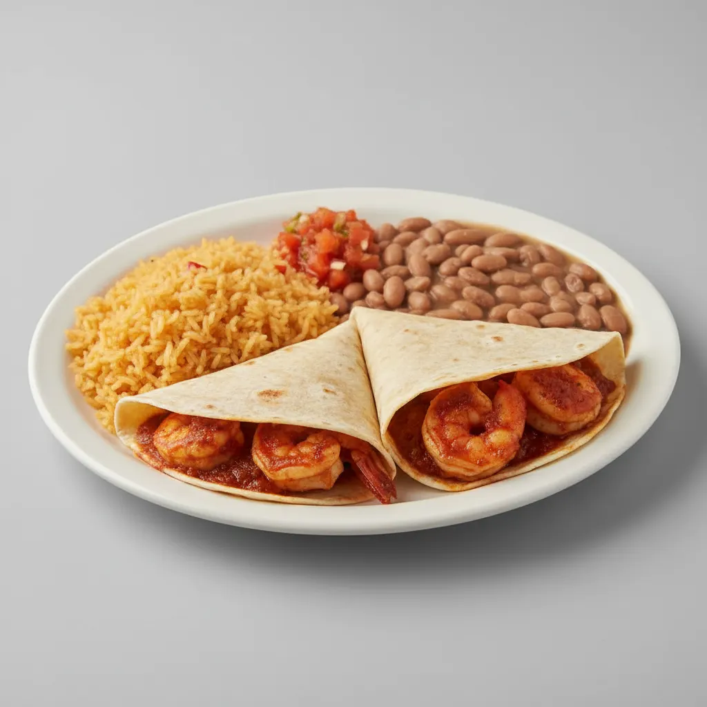 Plate Lunch — Camarones a La Diabla With House Habanero in Flour Tortilla