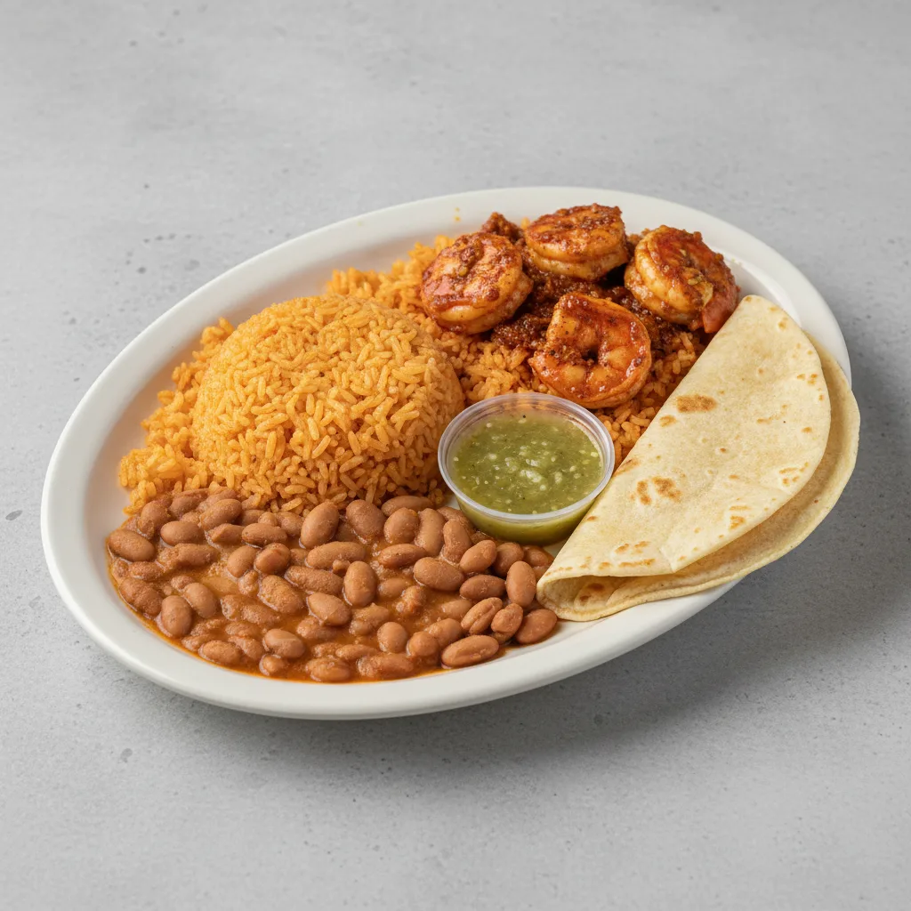 Plate Lunch — Camarones a La Diabla With Green Salsa in Flour Tortilla