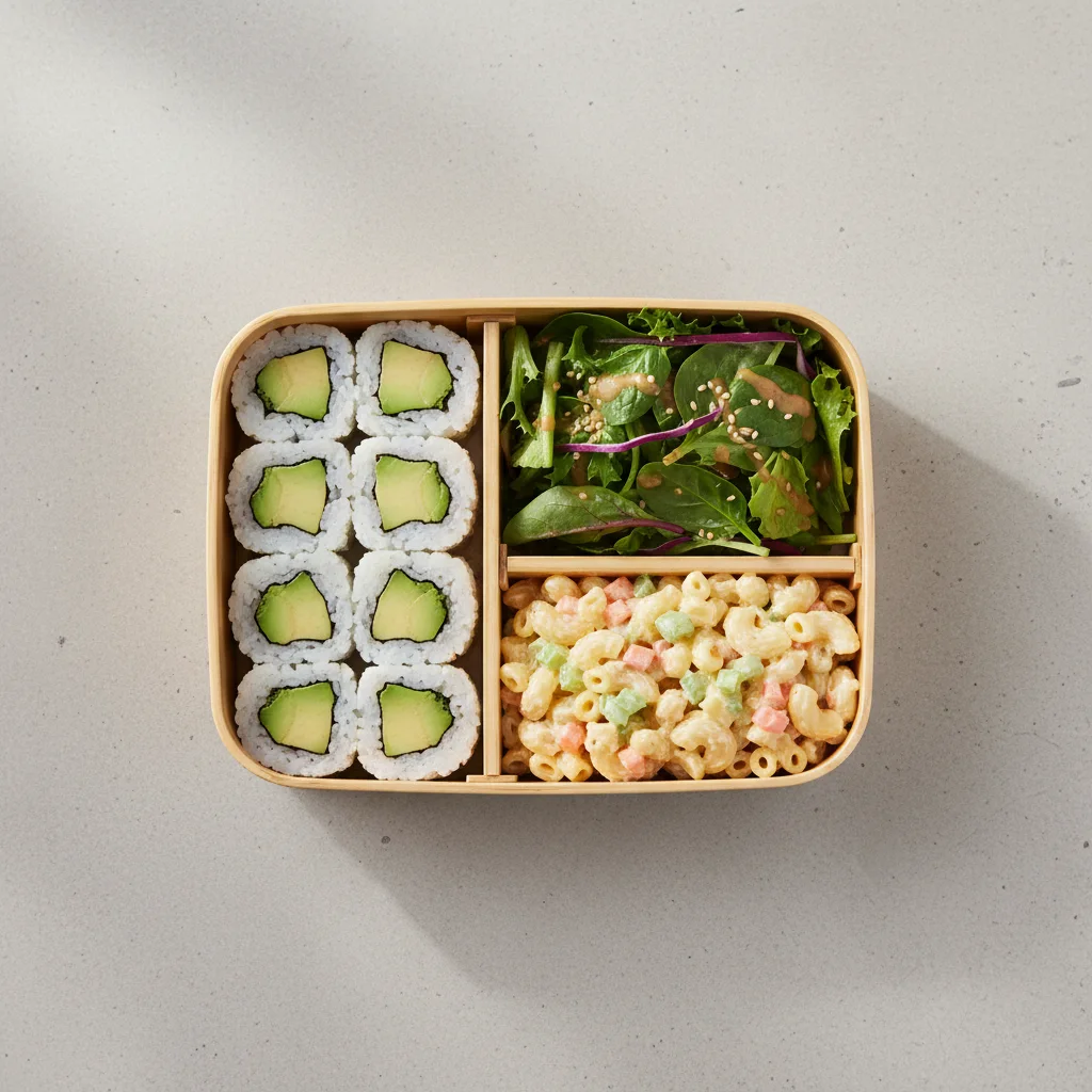 Avocado Roll Bento With Mixed Greens and Mac Salad Avocado Roll Bento With Mixed Greens and Mac Salad