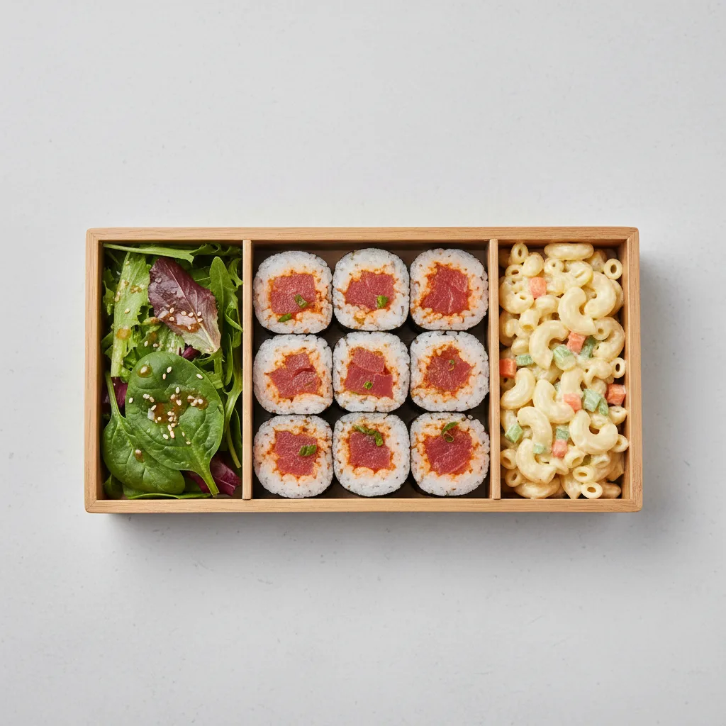 Spicy Tuna Roll Bento With Mixed Greens and Mac Salad Spicy Tuna Roll Bento With Mixed Greens and Mac Salad