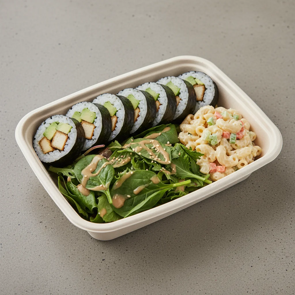 Tofu Avo Roll Bento With Mixed Greens and Mac Salad Tofu Avo Roll Bento With Mixed Greens and Mac Salad