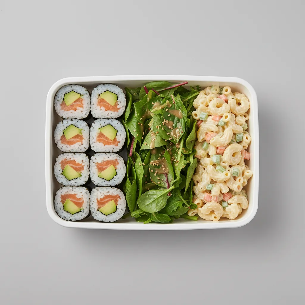 Salmon Avo Roll Bento With Mixed Greens and Mac Salad Salmon Avo Roll Bento With Mixed Greens and Mac Salad