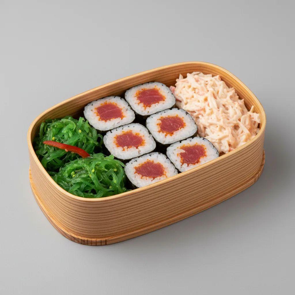 Spicy Tuna Roll Bento With Seaweed Salad and Crab Salad Spicy Tuna Roll Bento With Seaweed Salad and Crab Salad