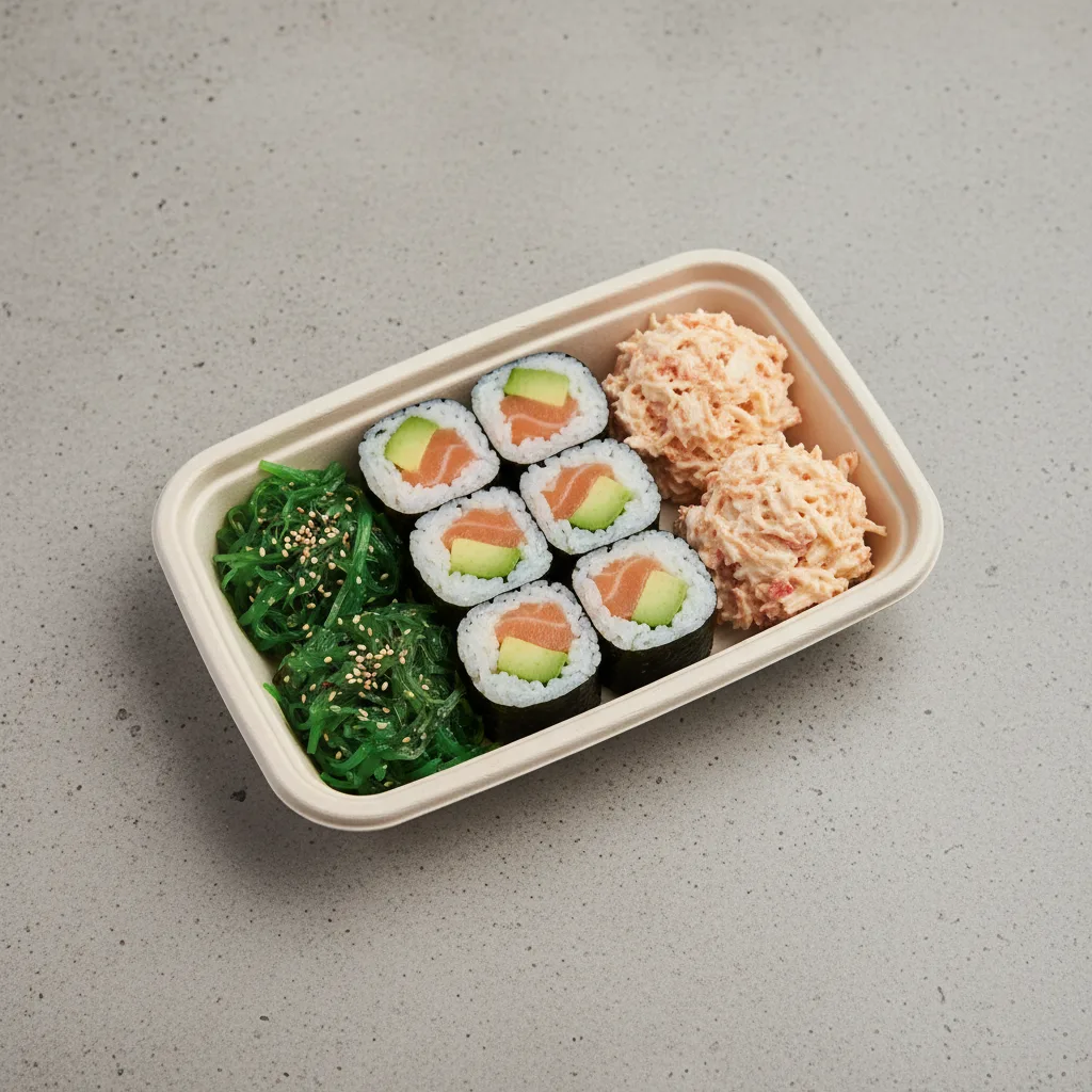 Salmon Avo Roll Bento With Seaweed Salad and Crab Salad Salmon Avo Roll Bento With Seaweed Salad and Crab Salad
