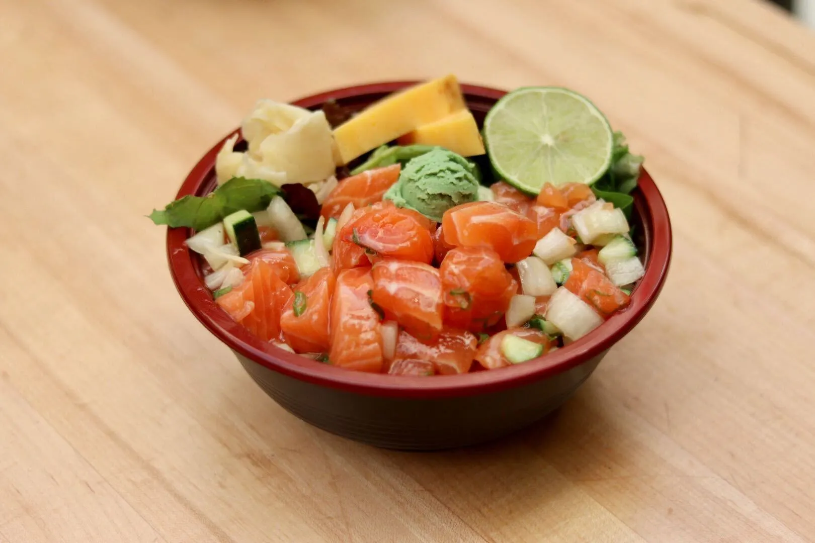Salmon Poke Bento With Seaweed Salad and Crab Salad
