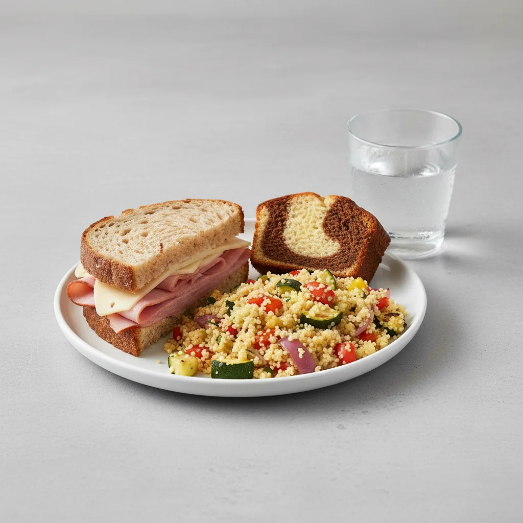 Ham and Cheese Sandwich, Couscous, Poundcake, Water Ham and Cheese Sandwich, Couscous, Poundcake, Water