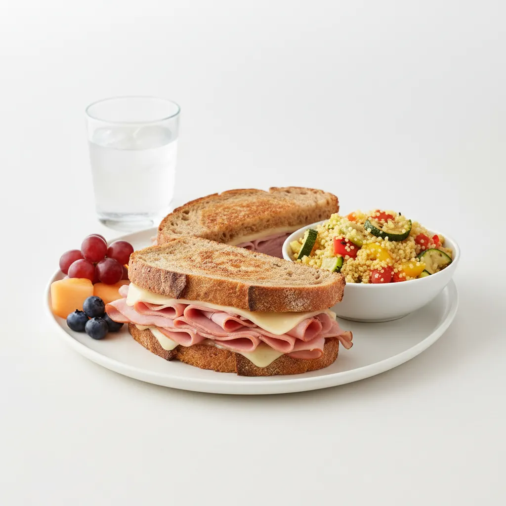 Ham and Cheese Sandwich, Couscous, Fruit, Water Ham and Cheese Sandwich, Couscous, Fruit, Water