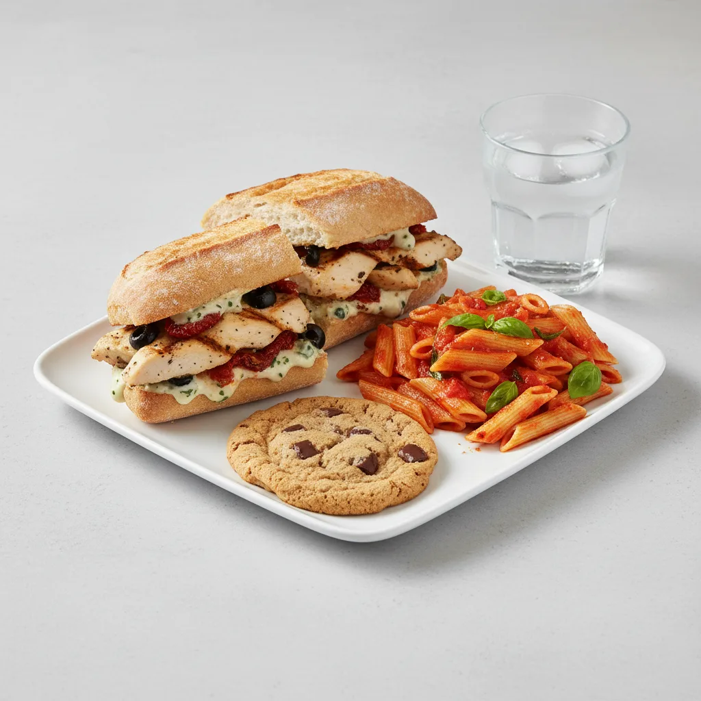 Chicken Provencal Sandwich Sandwich, Tomato Basil Penne, Cookie, Water Chicken Provencal Sandwich Sandwich, Tomato Basil Penne, Cookie, Water