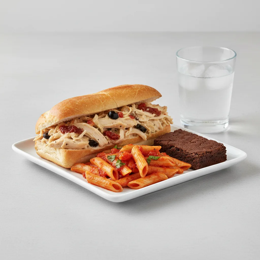 Chicken Provencal Sandwich, Tomato Basil Penne, Brownie, Water Chicken Provencal Sandwich, Tomato Basil Penne, Brownie, Water
