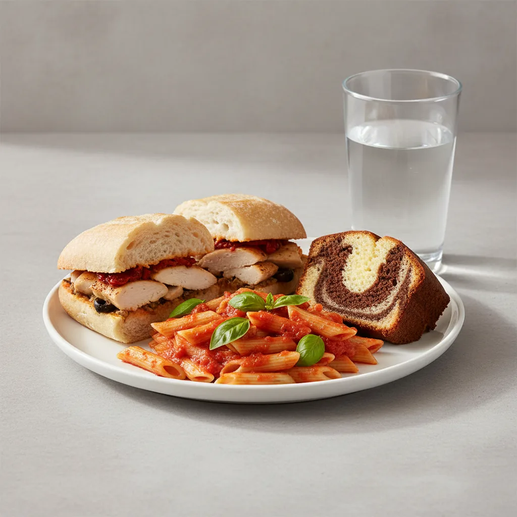Chicken Provencal Sandwich, Tomato Basil Penne, Poundcake, Water Chicken Provencal Sandwich, Tomato Basil Penne, Poundcake, Water