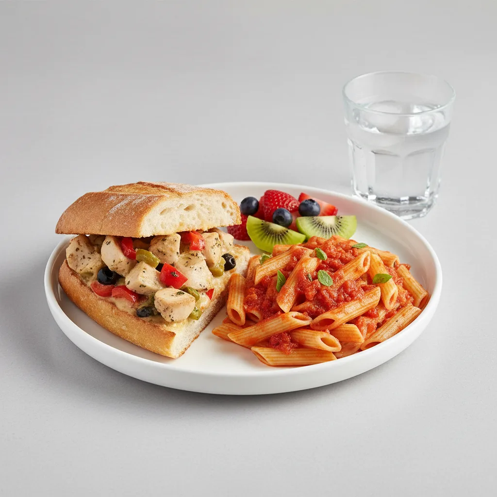 Chicken Provencal Sandwich, Tomato Basil Penne, Fruit, Water Chicken Provencal Sandwich, Tomato Basil Penne, Fruit, Water