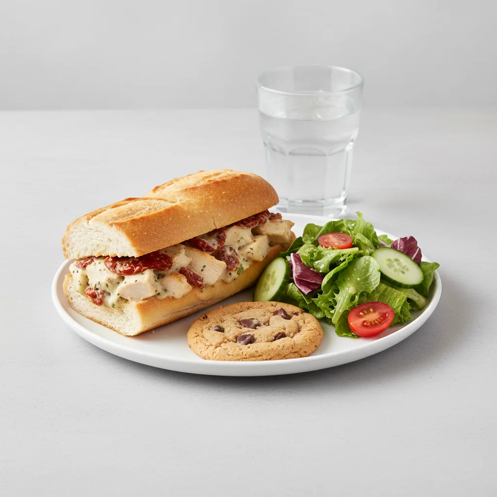 Chicken Provencal Sandwich, House House Salad, Cookie, Water Chicken Provencal Sandwich, House House Salad, Cookie, Water