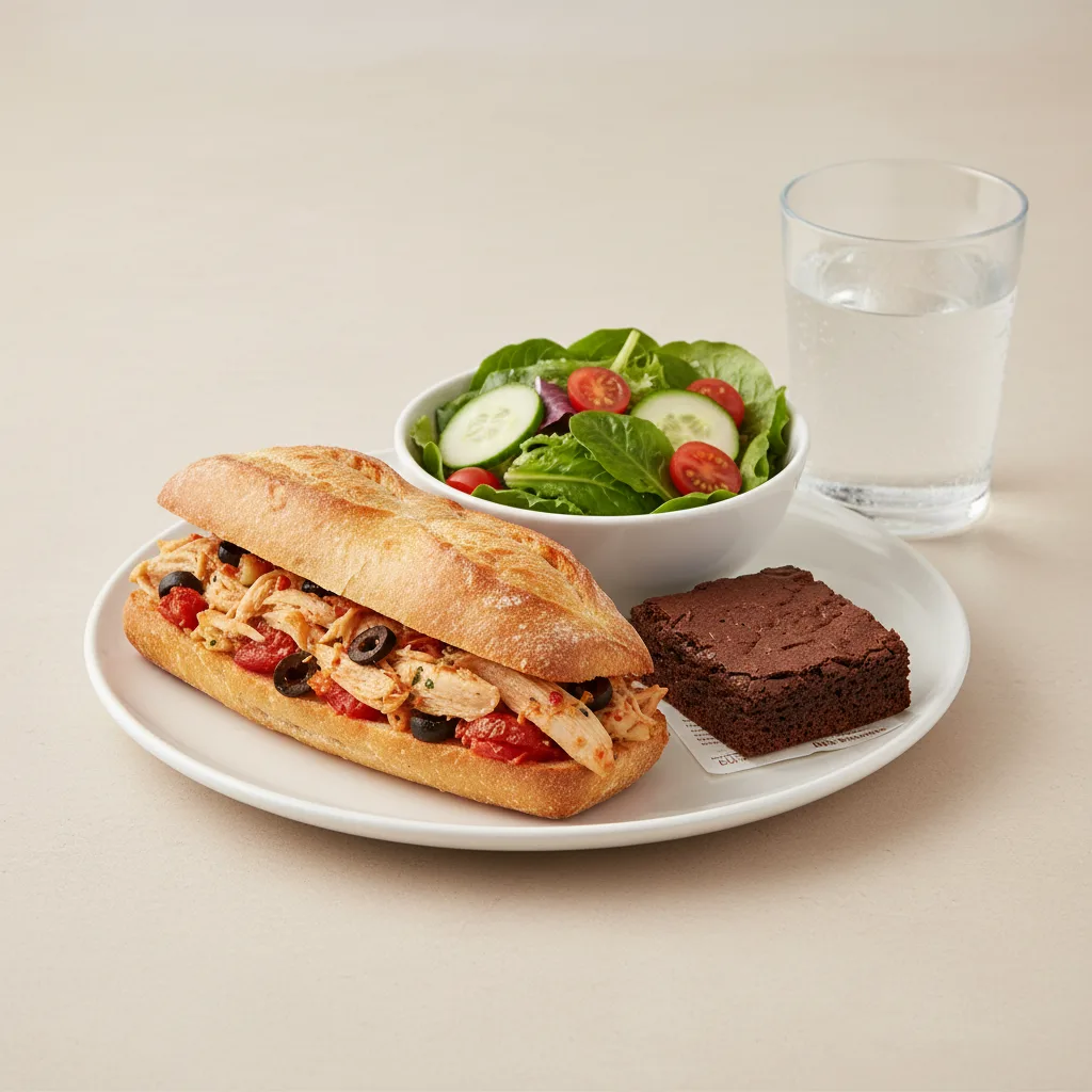 Chicken Provencal Sandwich, House House Salad, Brownie, Water Chicken Provencal Sandwich, House House Salad, Brownie, Water