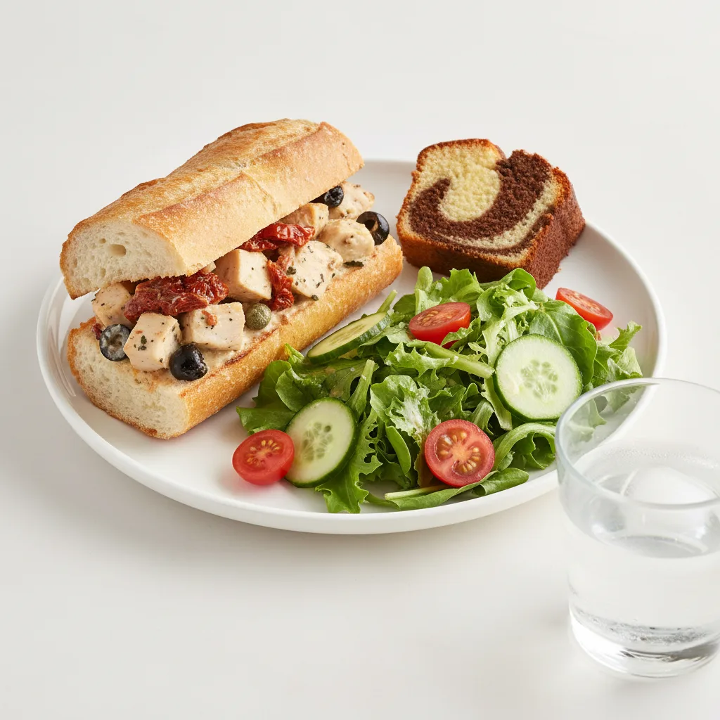 Chicken Provencal Sandwich, House House Salad, Poundcake, Water Chicken Provencal Sandwich, House House Salad, Poundcake, Water