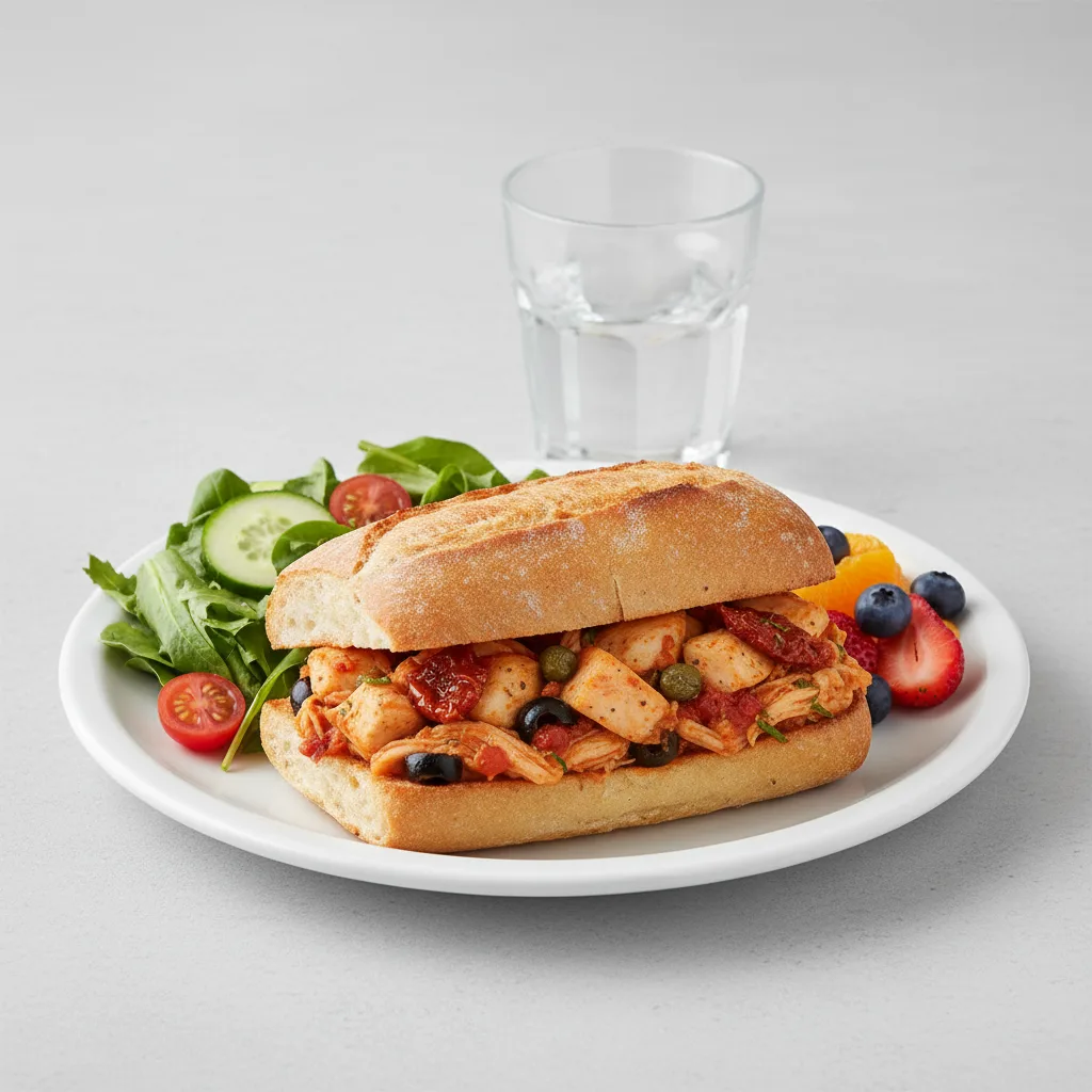 Chicken Provencal Sandwich, House House Salad, Fruit, Water Chicken Provencal Sandwich, House House Salad, Fruit, Water