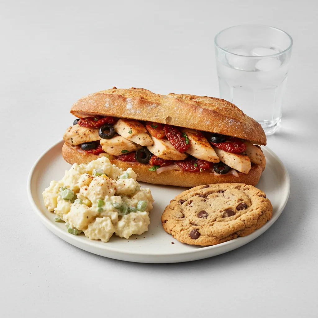 Chicken Provencal Sandwich, Potato House Salad, Cookie, Water Chicken Provencal Sandwich, Potato House Salad, Cookie, Water