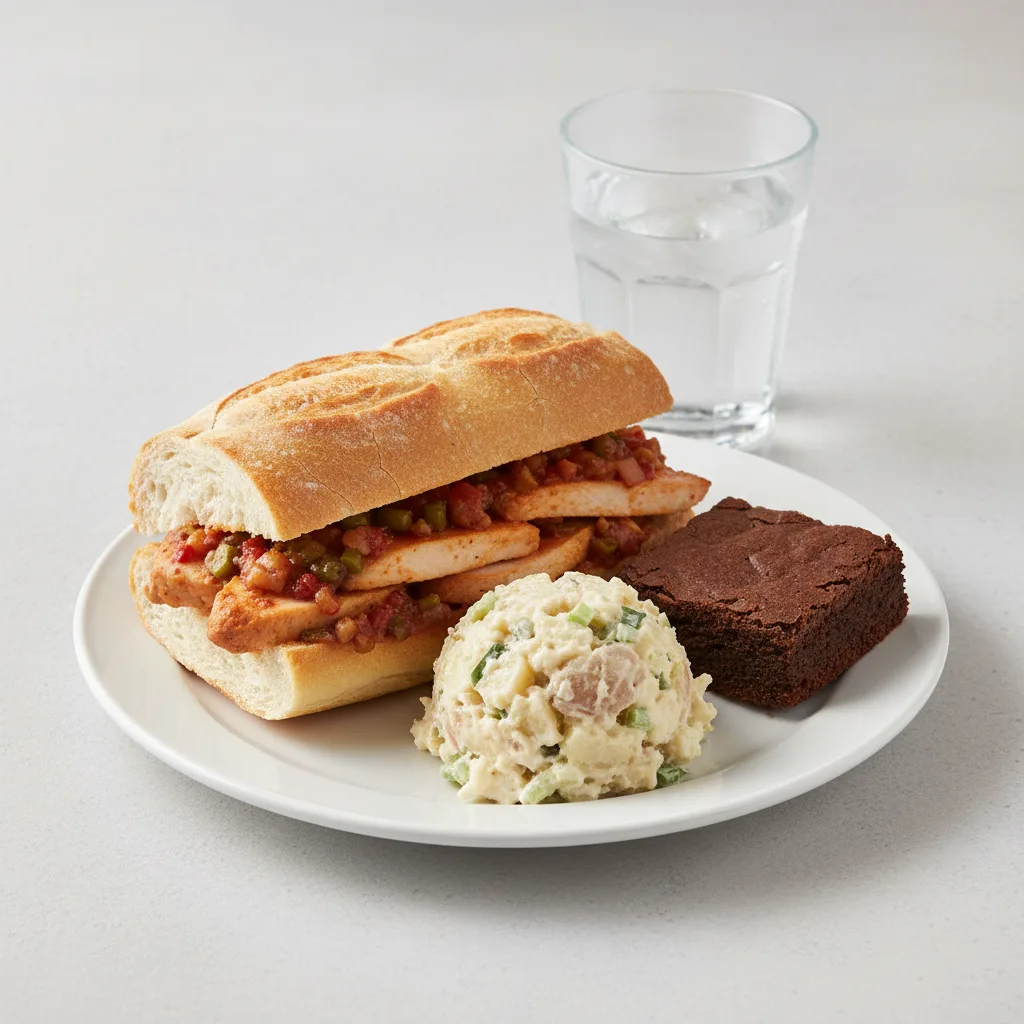 Chicken Provencal Sandwich, Potato House Salad, Brownie, Water Chicken Provencal Sandwich, Potato House Salad, Brownie, Water