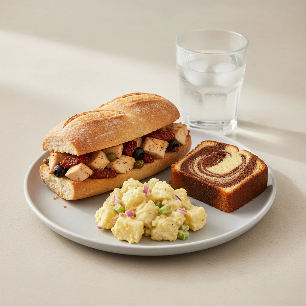 Chicken Provencal Sandwich, Potato House Salad, Poundcake, Water Chicken Provencal Sandwich, Potato House Salad, Poundcake, Water