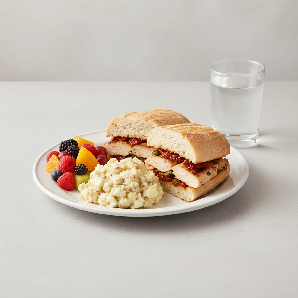 Chicken Provencal Sandwich, Potato House Salad, Fruit, Water Chicken Provencal Sandwich, Potato House Salad, Fruit, Water