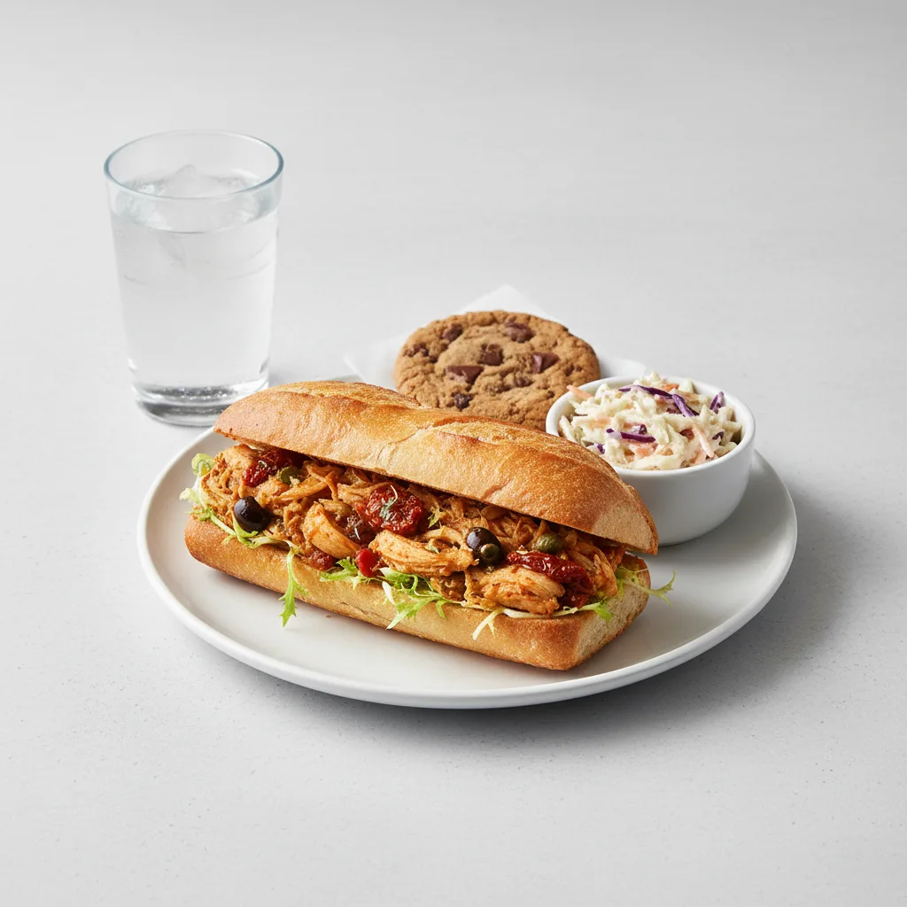 Chicken Provencal Sandwich, Coleslaw, Cookie, Water Chicken Provencal Sandwich, Coleslaw, Cookie, Water