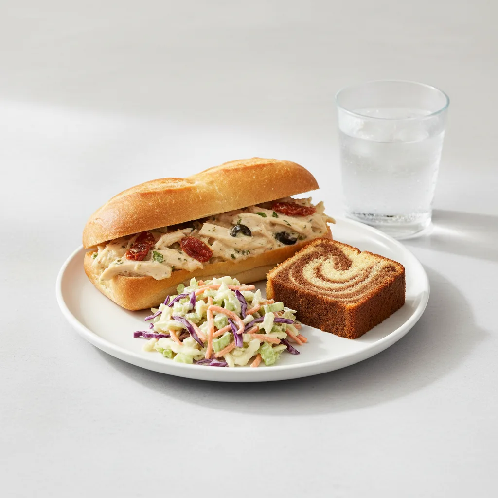 Chicken Provencal Sandwich, Coleslaw, Poundcake, Water Chicken Provencal Sandwich, Coleslaw, Poundcake, Water