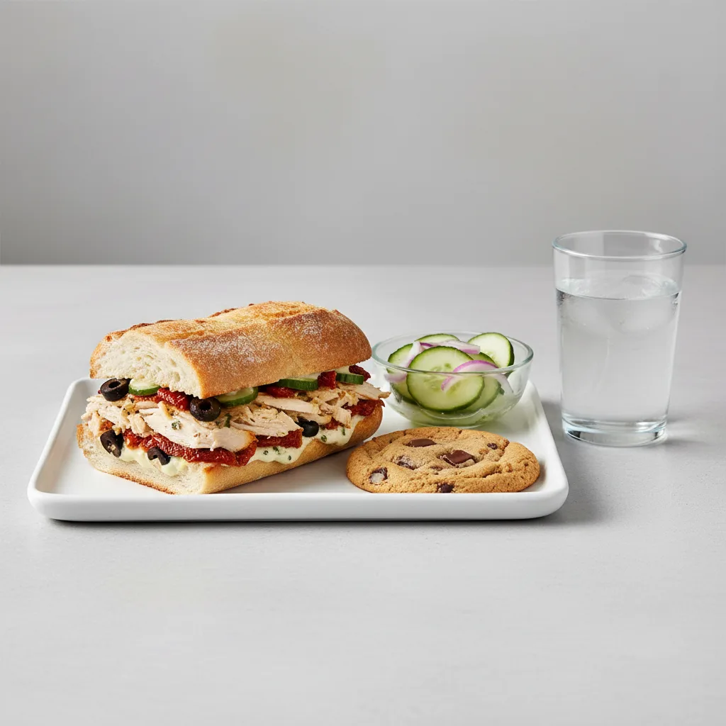 Chicken Provencal Sandwich, Cucumber Salad, Cookie, Water Chicken Provencal Sandwich, Cucumber Salad, Cookie, Water