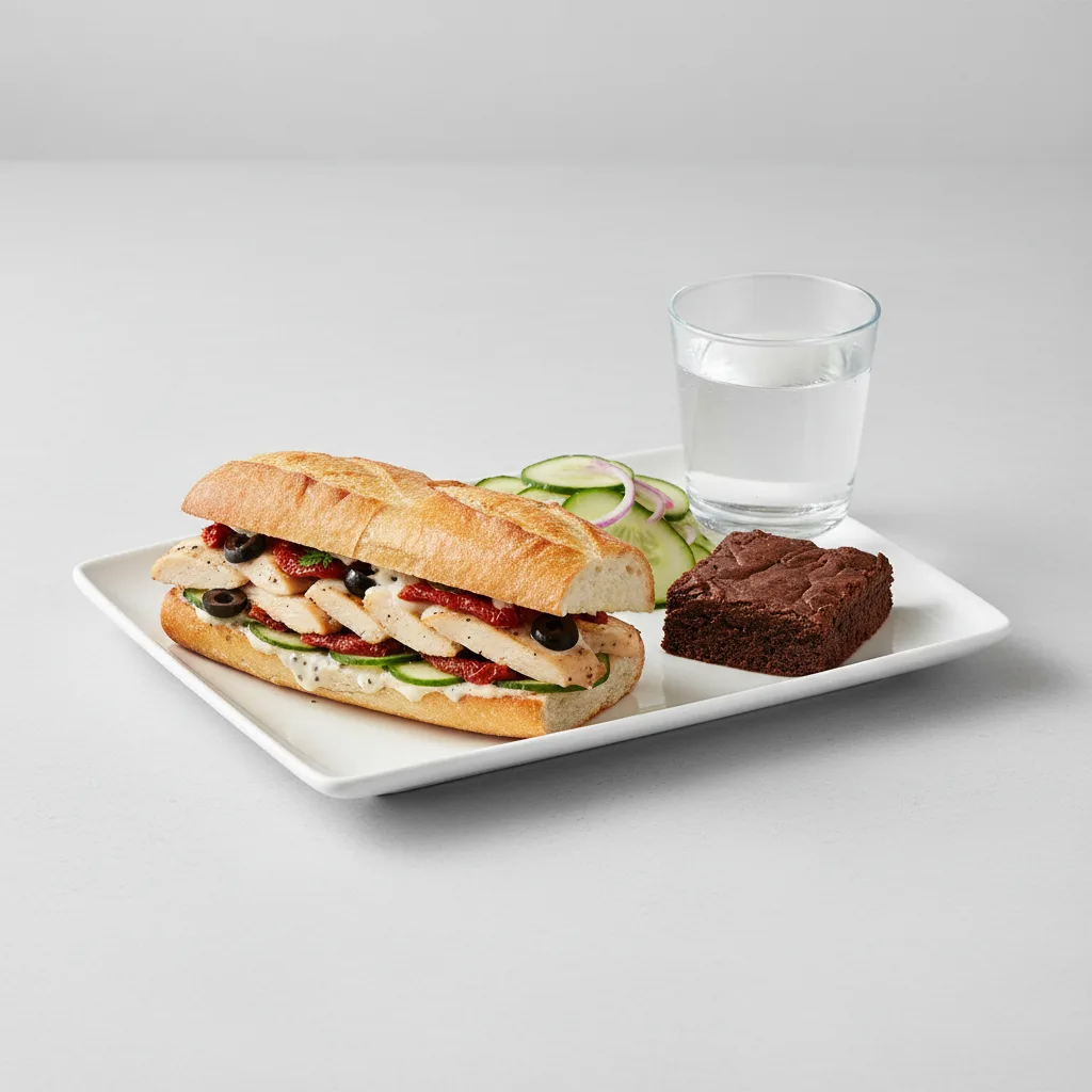 Chicken Provencal Sandwich, Cucumber Salad, Brownie, Water Chicken Provencal Sandwich, Cucumber Salad, Brownie, Water
