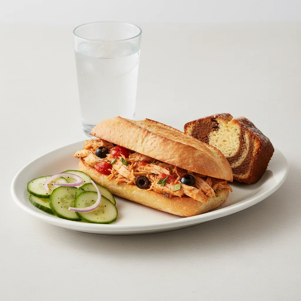 Chicken Provencal Sandwich, Cucumber Salad, Poundcake, Water Chicken Provencal Sandwich, Cucumber Salad, Poundcake, Water