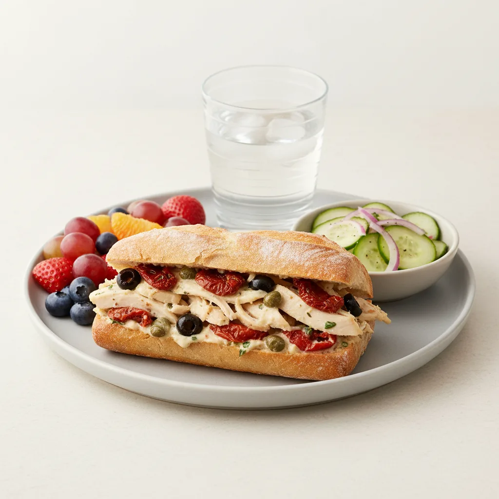 Chicken Provencal Sandwich, Cucumber Salad, Fruit, Water Chicken Provencal Sandwich, Cucumber Salad, Fruit, Water