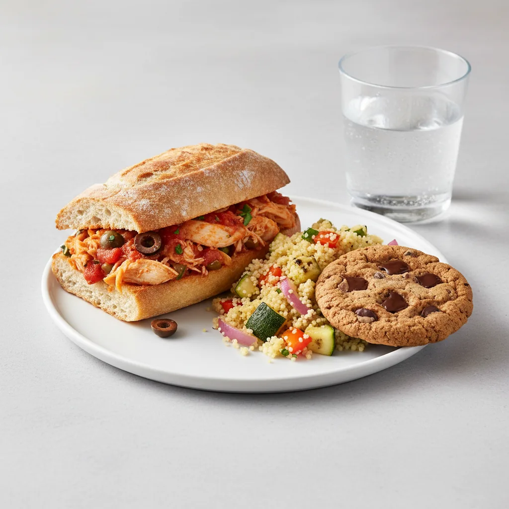 Chicken Provencal Sandwich, Couscous, Cookie, Water Chicken Provencal Sandwich, Couscous, Cookie, Water