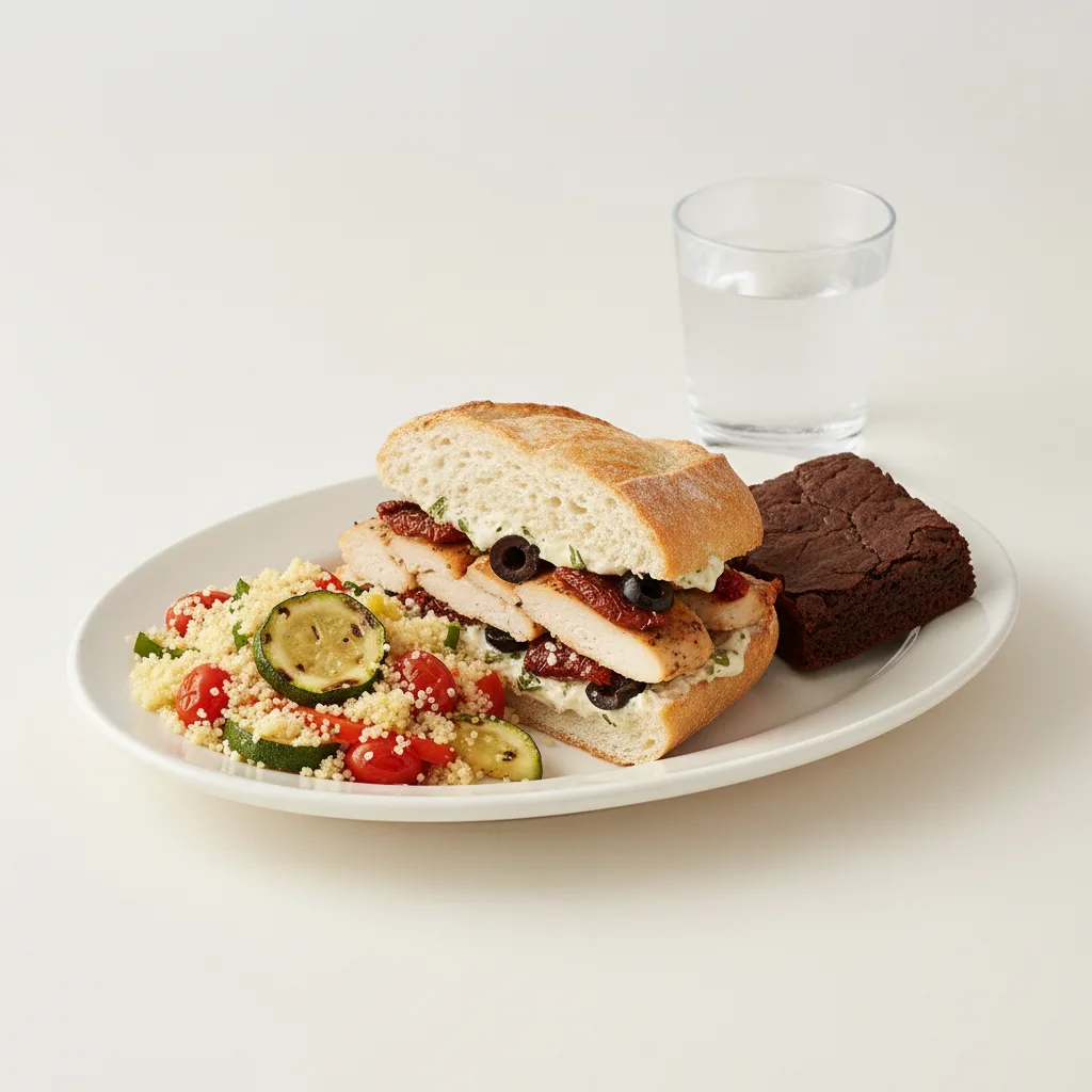 Chicken Provencal Sandwich, Couscous, Brownie, Water Chicken Provencal Sandwich, Couscous, Brownie, Water
