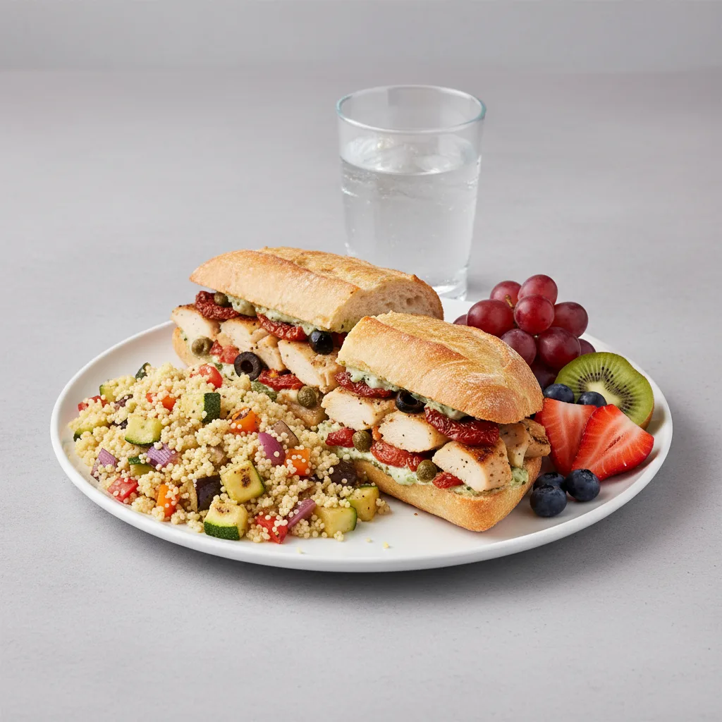 Chicken Provencal Sandwich, Couscous, Fruit, Water Chicken Provencal Sandwich, Couscous, Fruit, Water