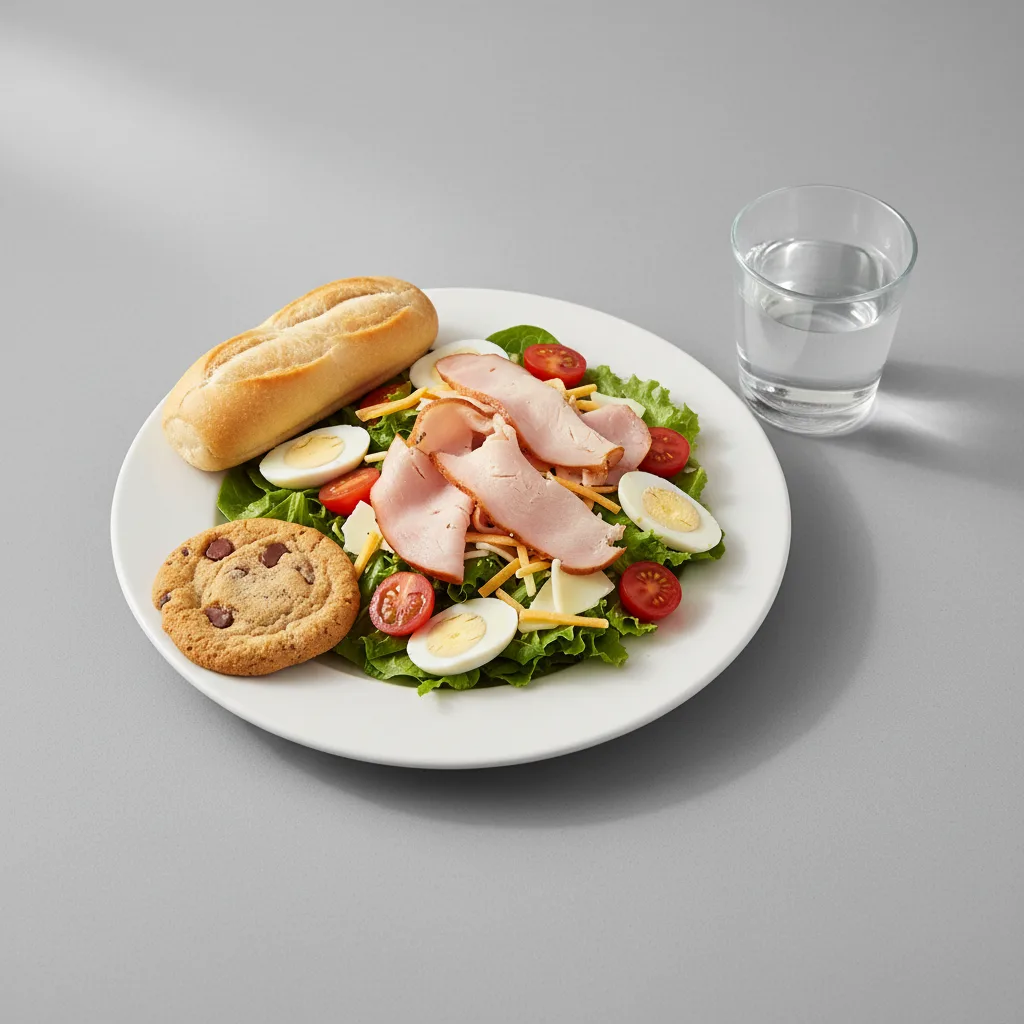 Chef House Salad, Chocolate Chip Cookie, Water Chef House Salad, Chocolate Chip Cookie, Water
